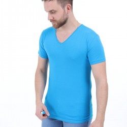 Likralı Penye Toptan  V Yaka  Baskısız Penye Toptan Mavi Tişört