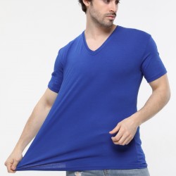 İmalattan Toptan Ucuz Tişört Penye Baskısız V Yaka Toptan Saks Mavisi Tişört 
