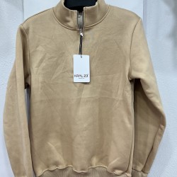3 İplik Regular/Avrupa Kalıp Yarım Fermuarlı Dik Yaka Baskısız Penye Sweatshirt Toptan Bej Yarım Fermuarlı Dik Yaka Sweatshirt