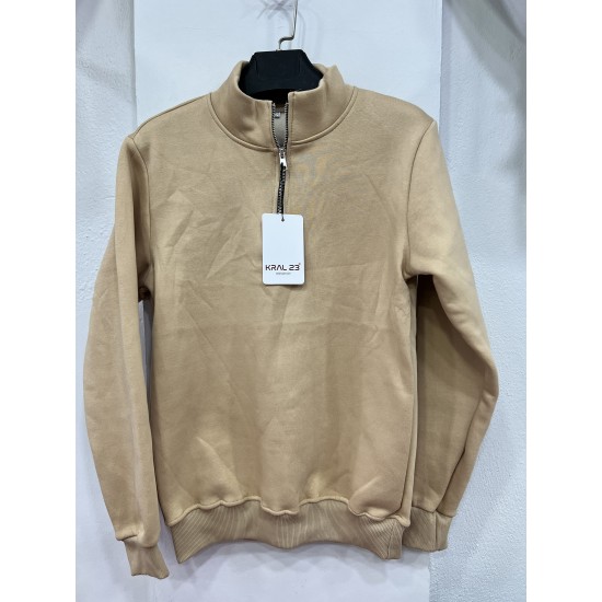 3 İplik Regular/Avrupa Kalıp Yarım Fermuarlı Dik Yaka Baskısız Penye Sweatshirt Toptan Bej Yarım Fermuarlı Dik Yaka Sweatshirt