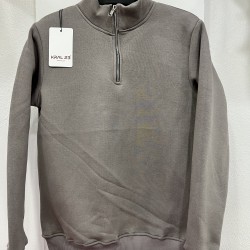 3 İplik Regular/Avrupa Kalıp Yarım Fermuarlı Dik Yaka Baskısız Penye Sweatshirt Toptan Boyalı Gri Yarım Fermuarlı Dik Yaka Sweatshirt
