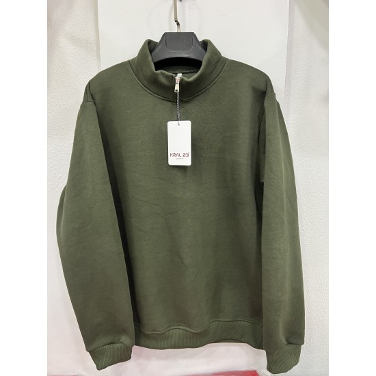 3 İplik Regular/Avrupa Kalıp Şardonlu Yarım Fermuarlı Dik Yaka Baskısız Penye Sweatshirt Toptan Haki Yarım Fermuarlı Dik Yaka Sweatshirt