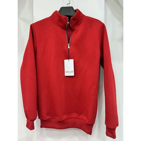 3 İplik Regular/Avrupa Kalıp Yarım Fermuarlı Dik Yaka Baskısız Penye Sweatshirt Toptan Kırmızı Yarım Fermuarlı Dik Yaka Sweatshirt