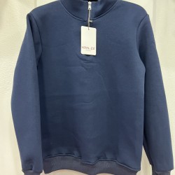 Üç İplik Regular/Avrupa Kalıp Şardonlu Yarım Fermuarlı Dik Yaka Baskısız Penye Sweatshirt Toptan Lacivert Yarım Fermuarlı Dik Yaka Sweatshirt