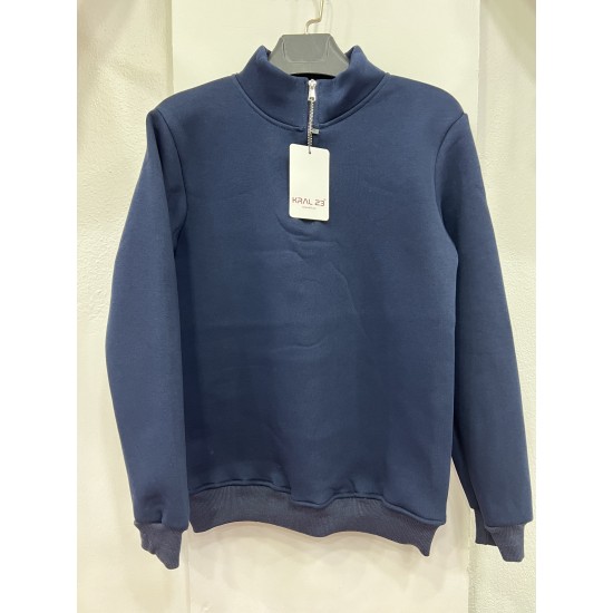 Üç İplik Regular/Avrupa Kalıp Şardonlu Yarım Fermuarlı Dik Yaka Baskısız Penye Sweatshirt Toptan Lacivert Yarım Fermuarlı Dik Yaka Sweatshirt