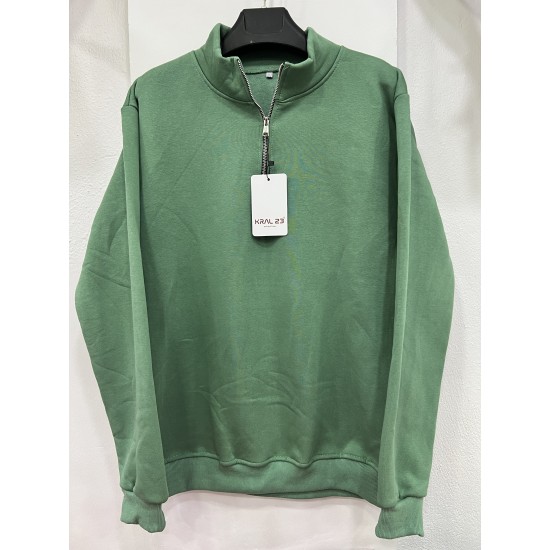 3 İplik Regular/Avrupa Kalıp Şardonlu Yarım Fermuarlı Dik Yaka Baskısız Penye Sweatshirt Toptan Mint Yeşili Yarım Fermuarlı Dik Yaka Sweatshirt