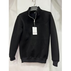Üç İplik Regular/Avrupa Kalıp Yarım Fermuarlı Dik Yaka Baskısız Penye Sweatshirt Toptan Siyah Yarım Fermuarlı Dik Yaka Sweatshirt
