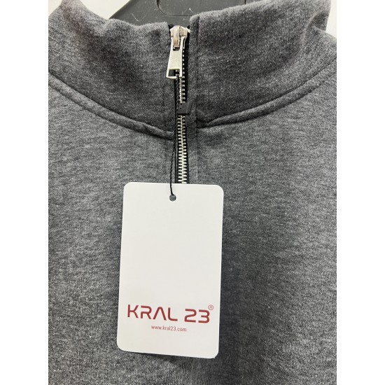 Üç İplik Regular/Avrupa Kalıp Şardonlu Yarım Fermuarlı Dik Yaka Baskısız Penye Sweatshirt Toptan Antrasit Yarım Fermuarlı Dik Yaka Sweatshirt